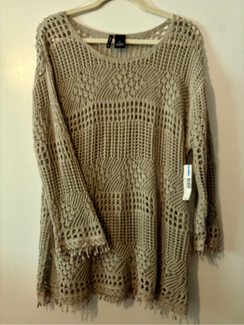 new directions Taupe Open-Knit Crochet Sweater Tunic